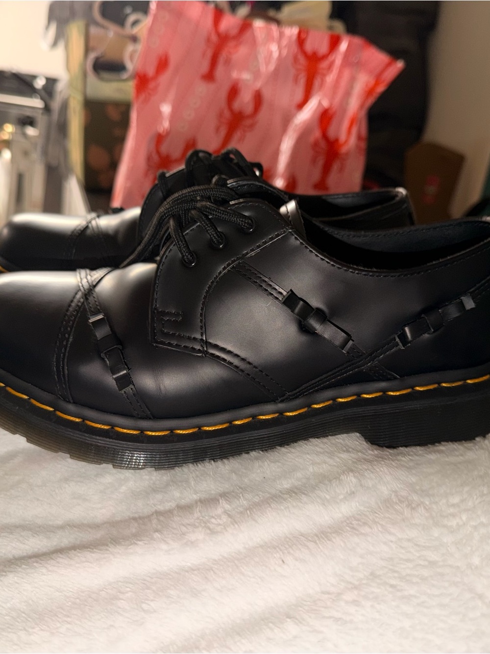 Dr. Martens Black Leather Lace-Up Oxfords with Yellow Stitching